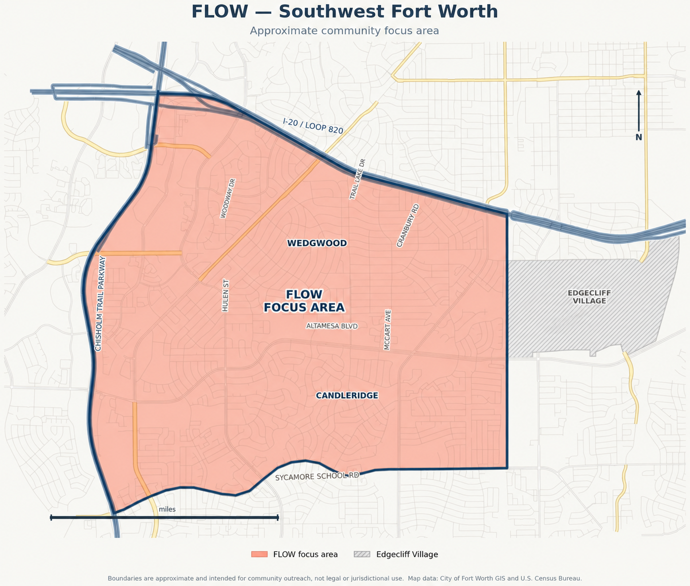 Map of FLOW’s approximate Southwest Fort Worth focus area, from I-20 and Loop 820 south to Sycamore School Road, with Chisholm Trail Parkway to the west and Edgecliff Village to the east.