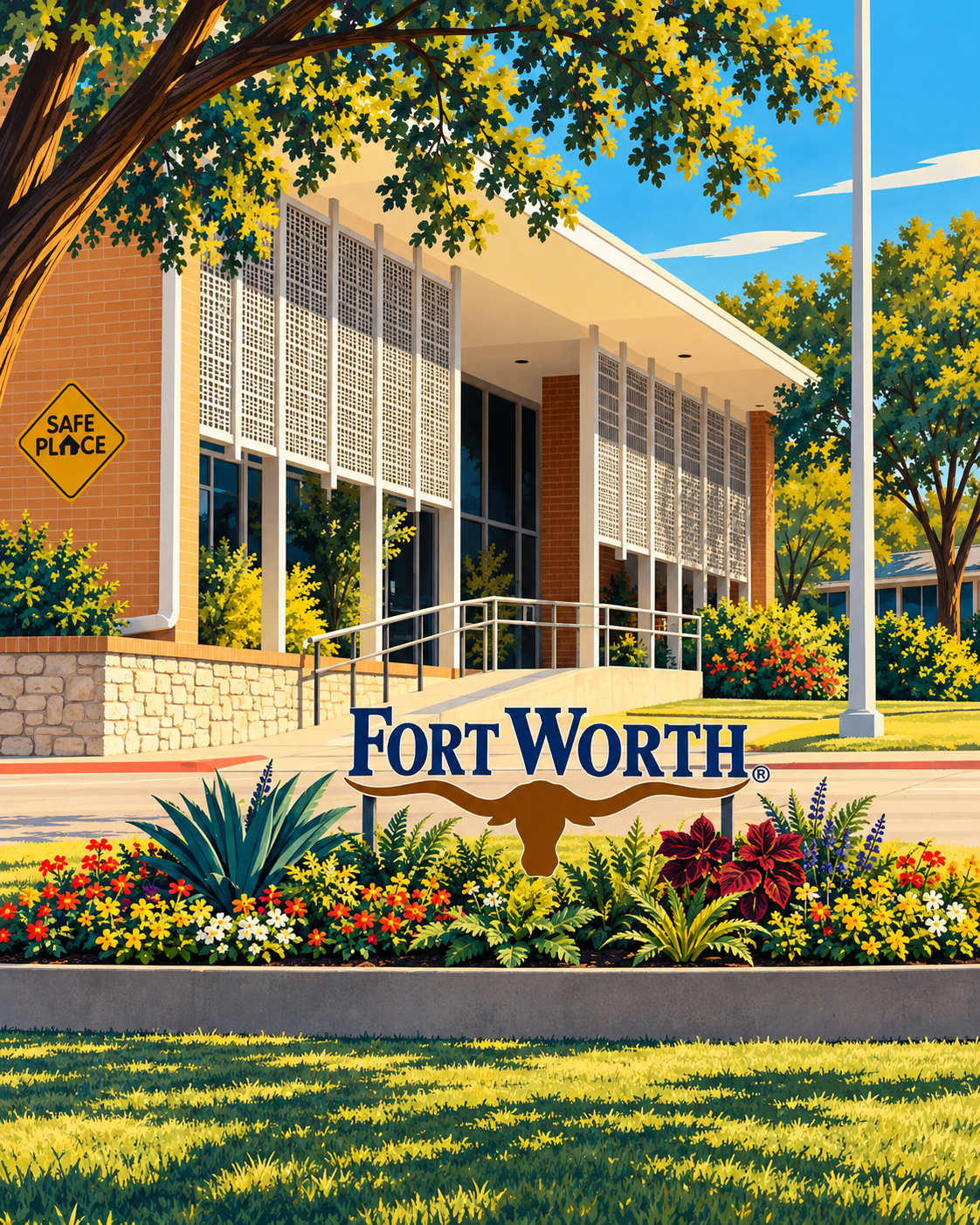 Illustration of a Fort Worth community building framed by trees and flowers, with a Fort Worth longhorn sign.