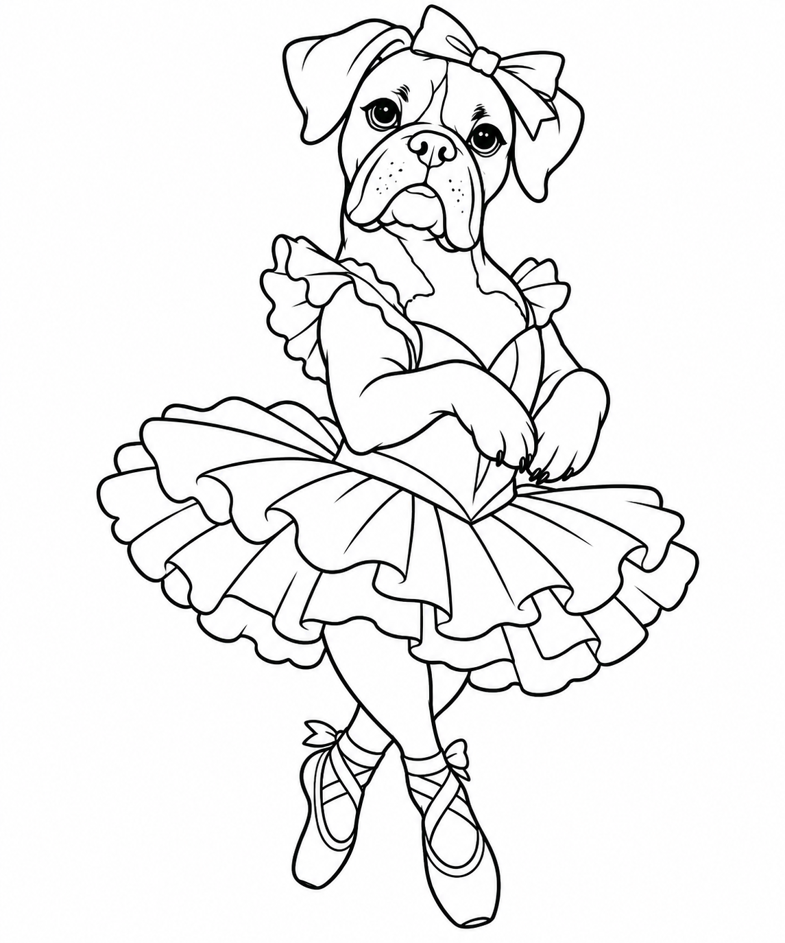 A boxer in a ruffled tutu, ballet shoes, and a bow.