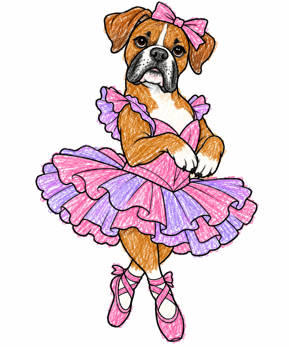A colored boxer wearing a pink and purple tutu and ballet slippers.