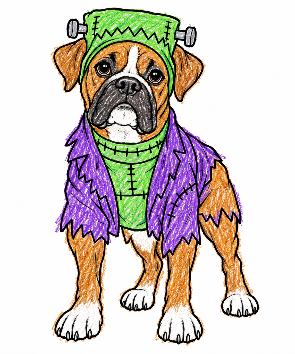 A colored boxer in a green and purple Frankenstein costume.