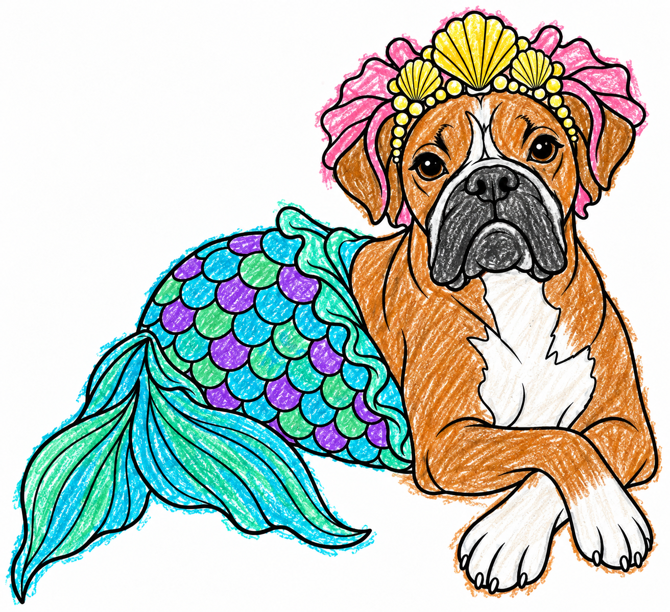 A colored boxer with a turquoise mermaid tail and golden shell crown.