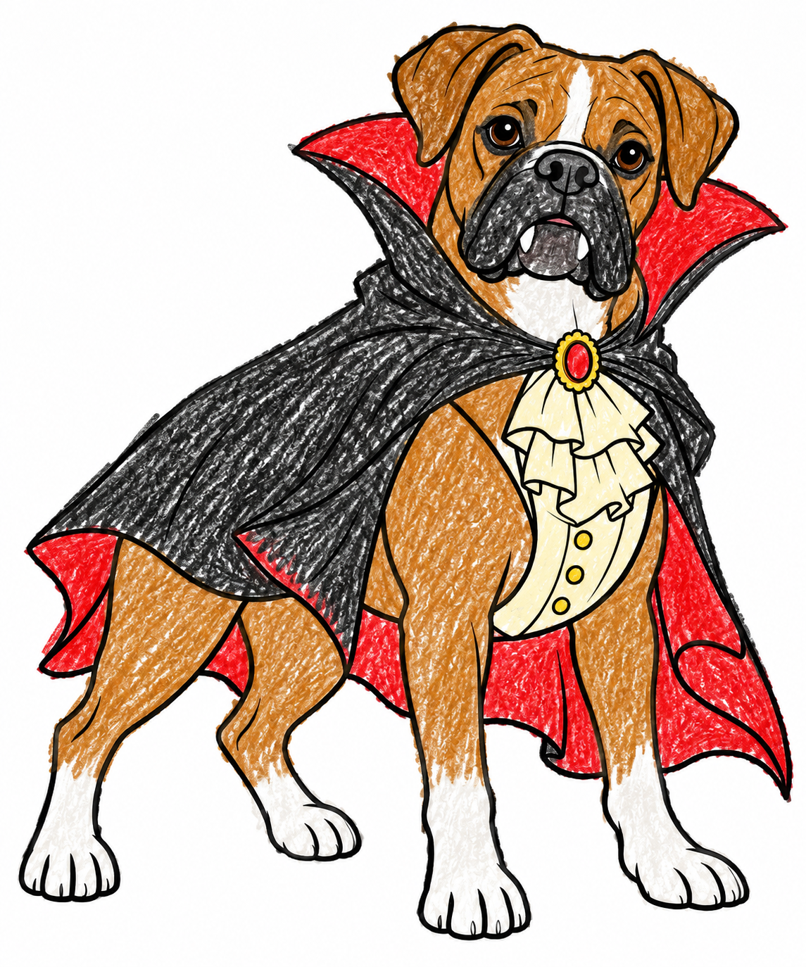 A colored boxer wearing a black and red vampire cape.
