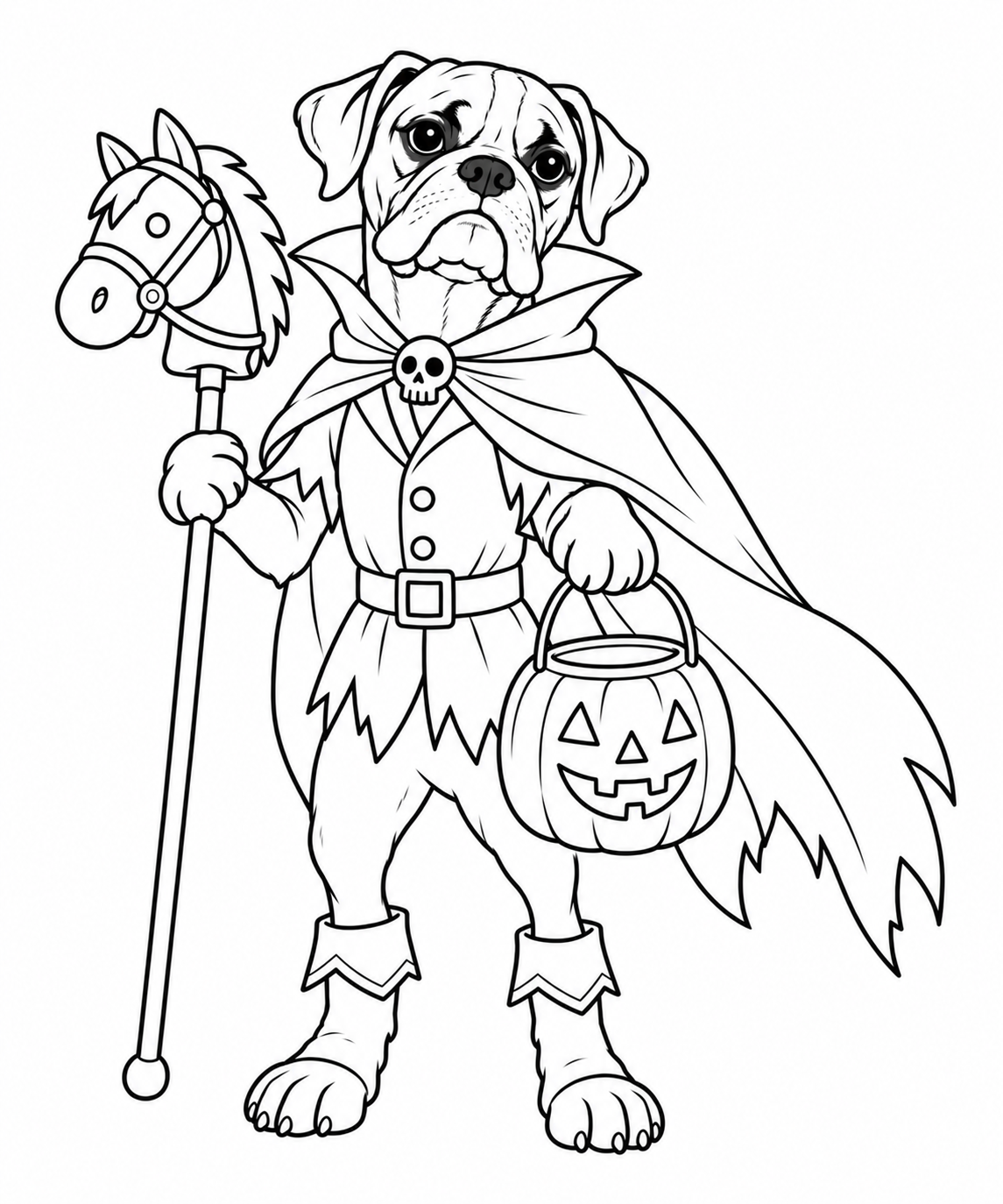 A boxer in a caped horseman costume holding a hobby horse and pumpkin bucket.