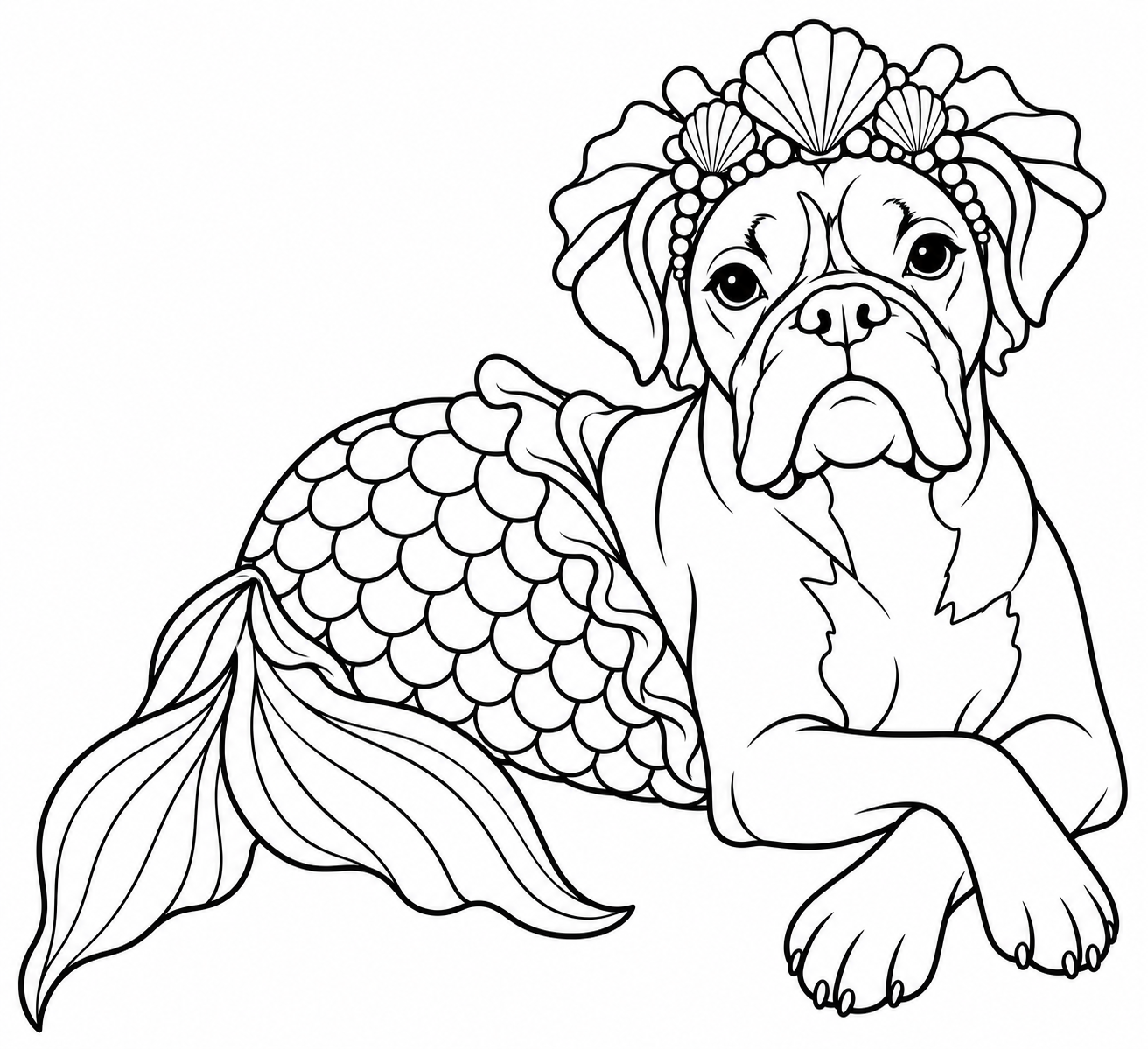 A boxer wearing a seashell crown and a mermaid tail.