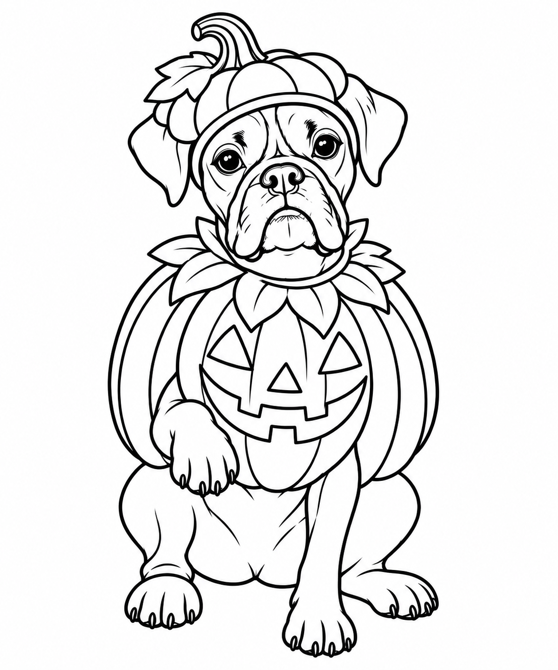 A sitting boxer wearing a jack-o-lantern costume and pumpkin hat.