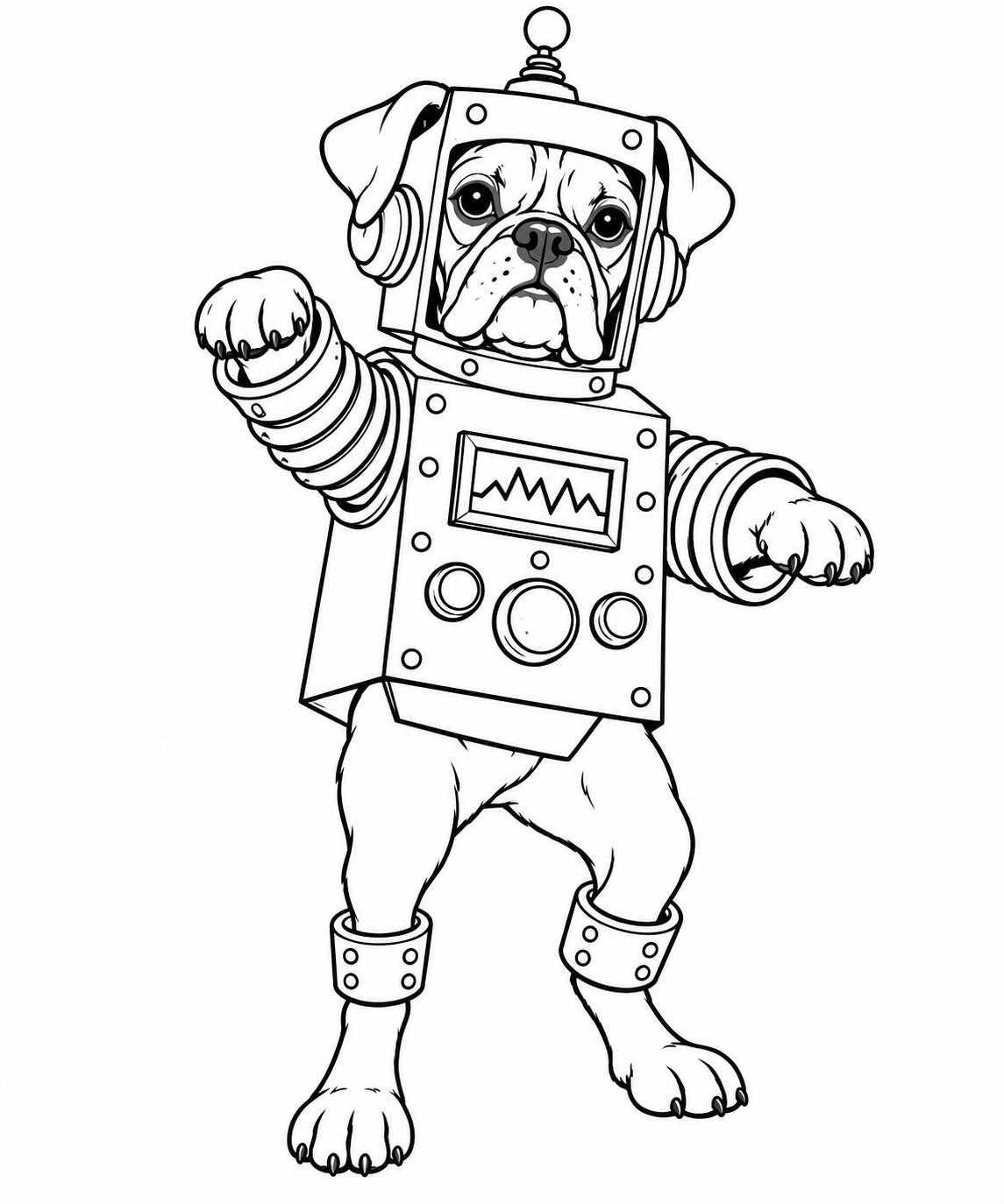 A boxer in a retro robot costume with an antenna and control panel.
