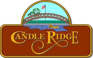 CandleRidge neighborhood logo featuring a bridge, lake, and trees.