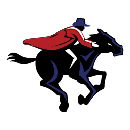 Southwest High School mascot, a rider in a red cape on a black horse.
