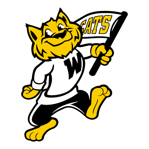 Woodway Elementary School bobcat mascot holding a CATS flag.